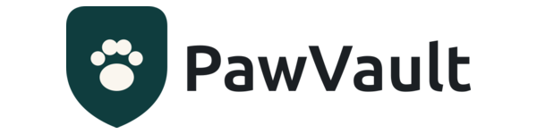 PawVault badge: cream paw print in a deep teal shield with wordmark